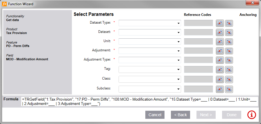 Screen capture showing how to select formula parameters.